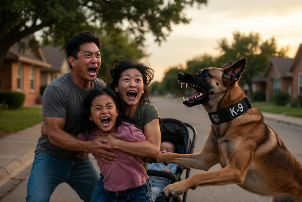 一家四口和一条 K-9 警犬站在郊区的街道上，脸上都带着恐惧的表情。父母抱着女儿，孩子坐在婴儿车里。K-9警犬扑向他们。