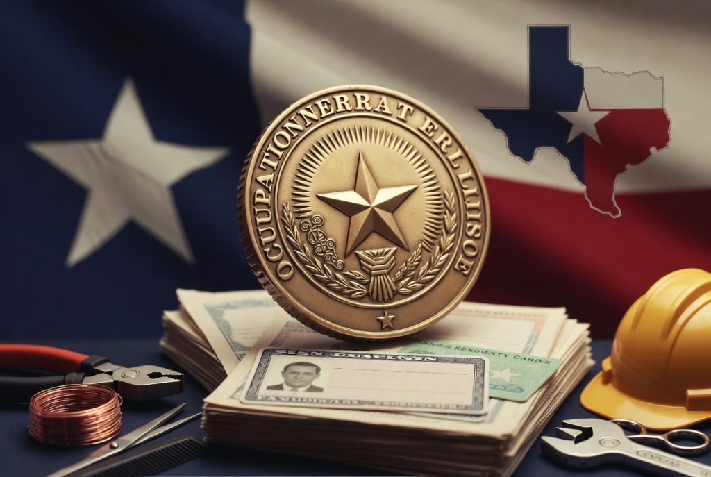 一枚金色的德克萨斯州印章放在一叠现金和一张身份证上,旁边放着工具、一顶硬礼帽和铜线。背景是德克萨斯州州旗和一个德克萨斯州形状的图案。.