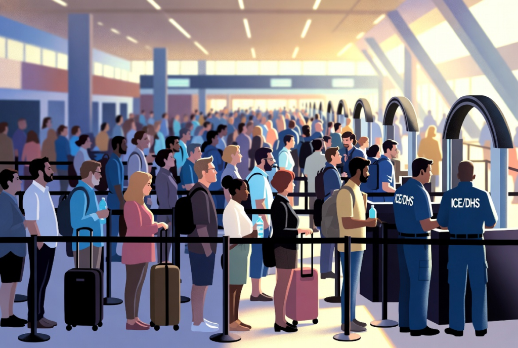 繁忙的机场安检站，许多旅客在排队等候。身着标有 "ICE/DHS "制服的官员在柜台前检查证件。背景是明亮的大窗户。.