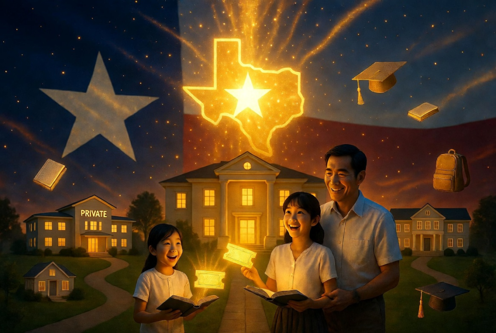 夜幕降临，德克萨斯州州旗背景下，一个面带微笑的家庭拿着发光的书本站在户外。上方闪耀着德克萨斯州的标志--毕业帽、书本和背包，背后是公立和私立学校，象征着德克萨斯州的教育选择。.