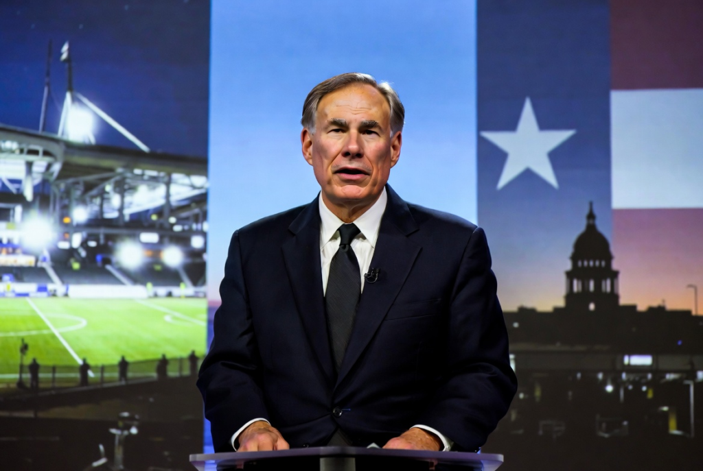 一位身着深色西装、打着领带的男子在讲台上讲话。在他身后是体育场、德克萨斯州州旗和德克萨斯州议会大厦的图像，在黑暗的天空下，所有这些都被照亮。.