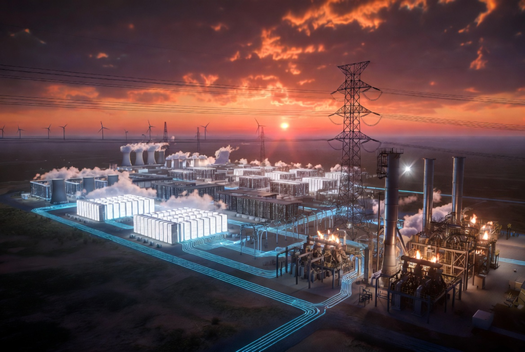 夕阳下的未来派发电厂建筑群，管道灯火通明，冷却塔冒出蒸汽，背景是风力涡轮机，输电塔横跨整个景观。.